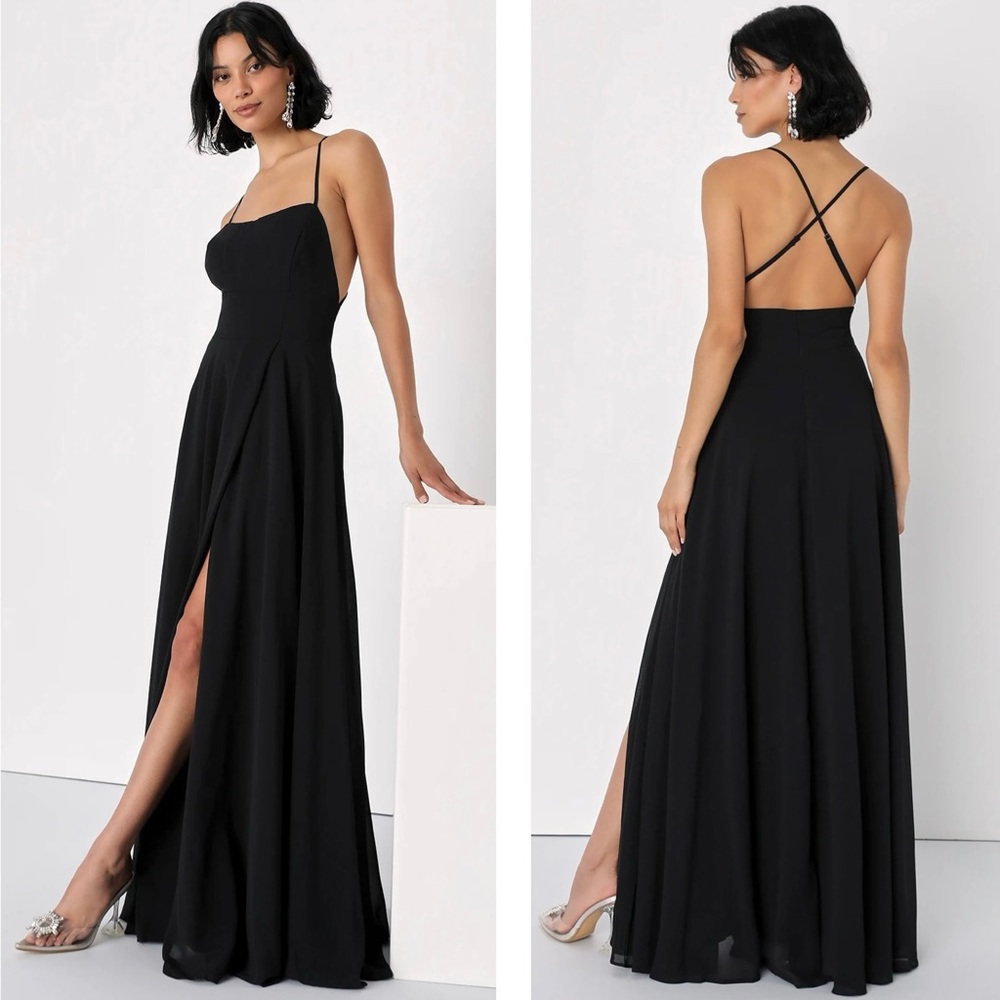 NWOT Lulu’s Dreamy Romance Black Backless Maxi Dress M